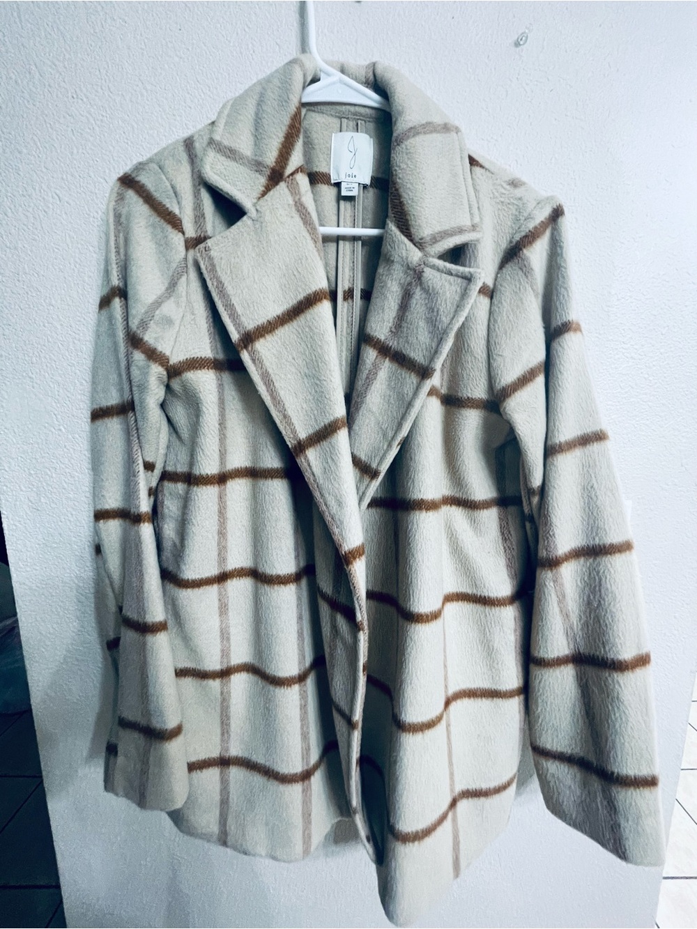 Joie Cream & Brown Windowpane Plaid Pea Coat